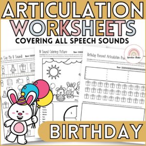 Birthday Themed Articulation Worksheets and Activities for Speech Therapy - No Prep
