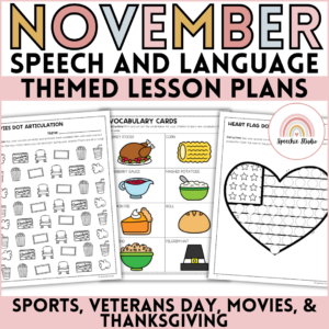 November Speech Therapy Activities | Sports, Veterans Day, Thanksgiving & Movies